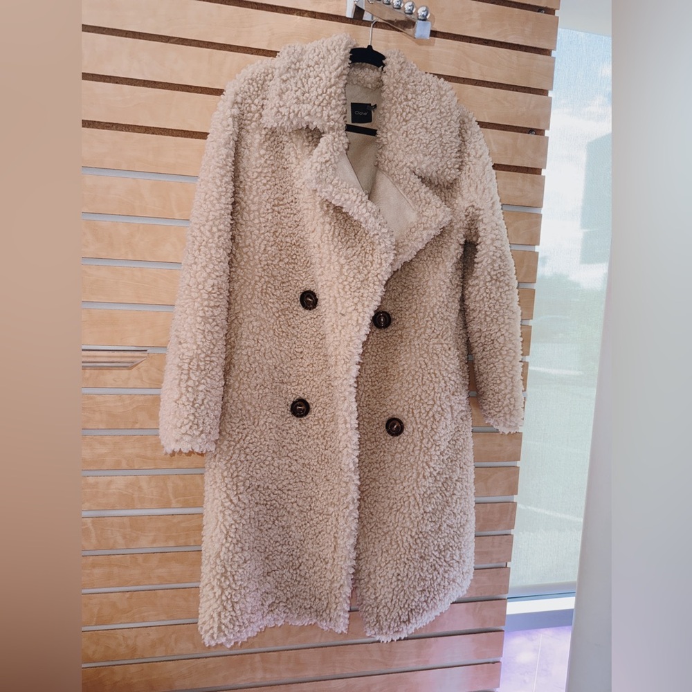 Teddy Faux Shearling Double-Breasted Coat - Cream